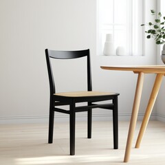 Minimalist Dining Area Black Chair with Rattan Seat near Round Table, Scandinavian , Furniture