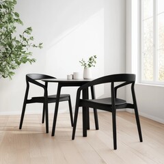 Fototapeta premium Minimalist Dining Area Black Table and Chairs with Greenery, Interior , Furniture