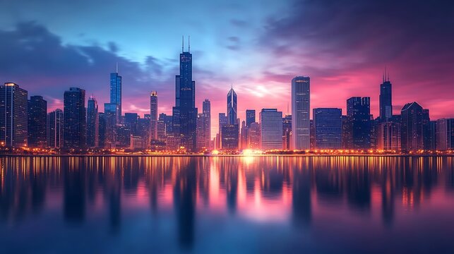 Urban lights shimmering on water in city high resolution picture