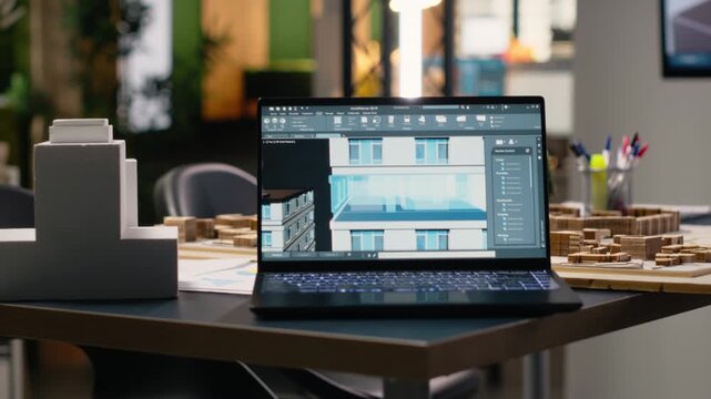 Development workspace with empty desks ready for property investment strategies, featuring architectural blueprints, housing plans and site preparation for sustainable urban growth.