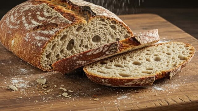 Sliced sourdough bread on a wooden board with flour dust
