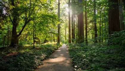 Obraz premium serene forest path winds through lush greenery with tall trees lining way sunlight filters through leaves creating peaceful atmosphere perfect for nature walk