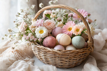Elegant wicker Easter basket filled with decorated eggs and fresh flowers, watercolor hand-painted, vintage rustic cottagecore, soft pastel spring palette