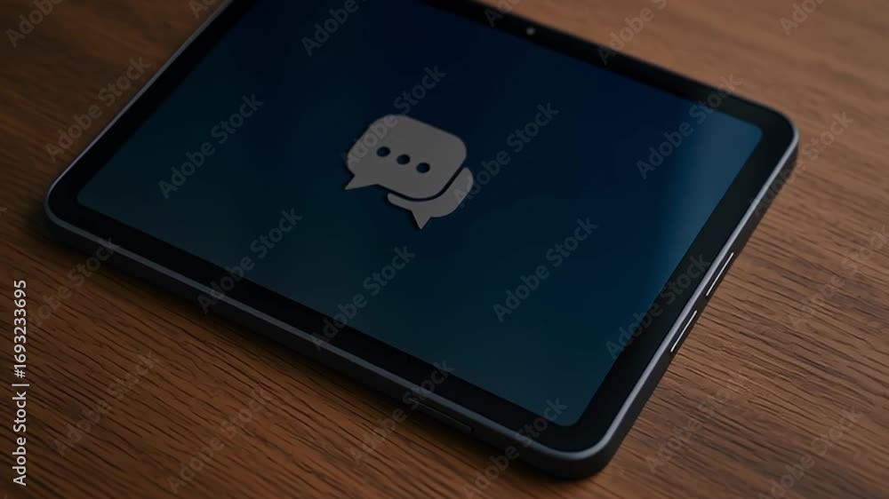 Poster tablet displaying messaging app on a wooden table.