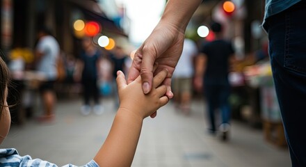 Parent Holding Small Child Hand Walking Through Crowded Outdoor Street