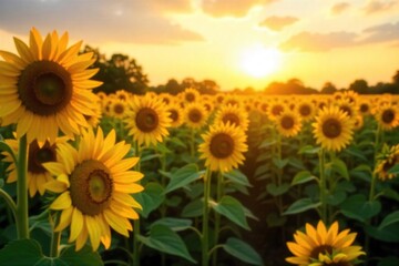 Fototapeta premium Golden hour sunlight illuminates vibrant yellow sunflowers in a field, casting long shadows Perfect for summer, nature, and agriculture themes , rural, summer day