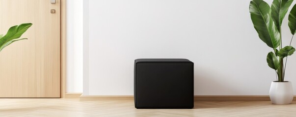 Minimalist Entryway Black Cube, Wood Floor, Plants , Interior, Decor
