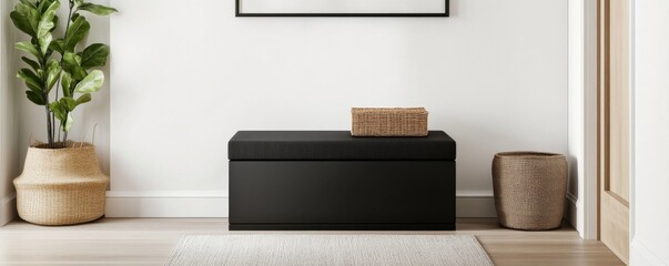 Minimalist Entryway Black Storage Bench, Woven Baskets and Fiddle Leaf Fig, home decor, interior design