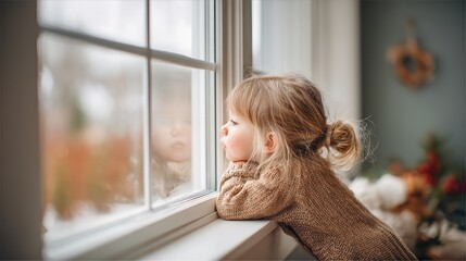 Little Girl Looking Window, Child Portrait, Winter Scene