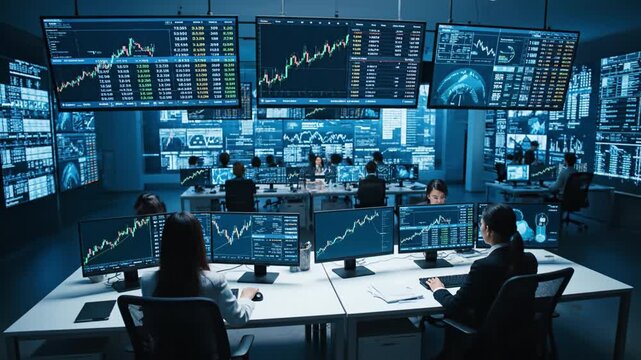 Stock market trading room with financial analyst teamwork, monitoring real time data, digital chart, economic trends, technology driven environment, investment analysis, hands typing laptop keyboard