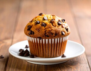 Delicious chocolate chip muffin on a plate