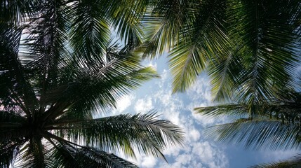 Fototapeta premium Palm trees canopy outdoor sky view
