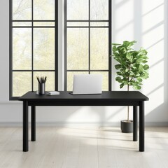 Fototapeta premium Minimalist Home Office Black Desk, Fiddle Leaf Fig, Large Window, homeoffice , interior