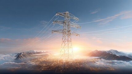 Power Grid Transmission Tower Sunrise Landscape Energy