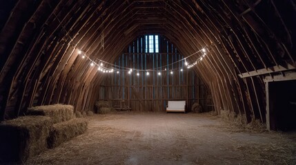 Rustic Barn Interior, Hay Bales, Event Space, Lights