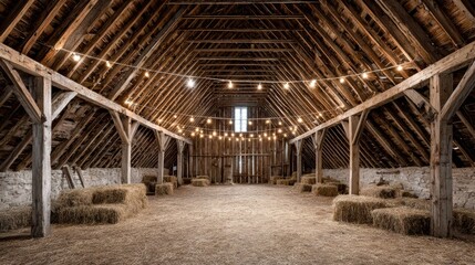 Rustic Barn Interior, Hay Bales, String Lights, Country Charm