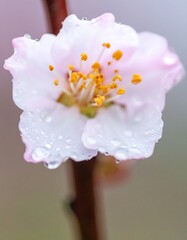 Close-up of a delicate, pale pink flower with water droplets, showcasing its stamens and petals
