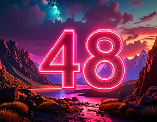 Neon numbers against a dramatic landscape