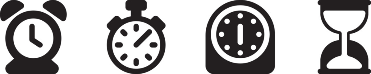 Black Silhouette Timer Icons Set, Including Alarm Clock, Stopwatch, Kitchen Timer, and Hourglass, Simple Flat Design for Time Management, Cooking, Sports, Productivity, and Countdown Concepts