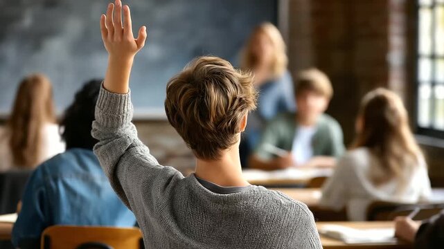 A student raises a hand, the engaged scene illuminated by gentle sunlight. Student, classroom, with copy space