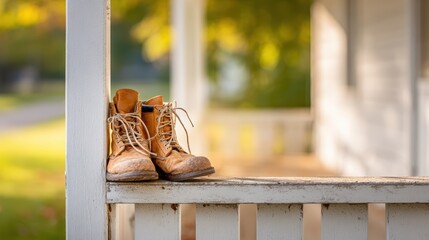 Work Boots Resting Outdoor Porch - Leather Footwear Adventure
