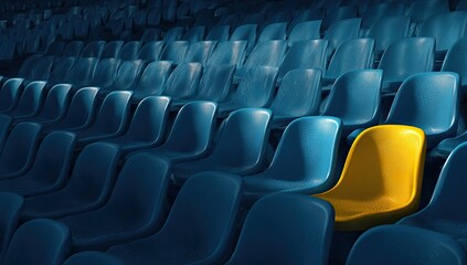 Naklejka premium Empty stadium seats, one highlighted yellow