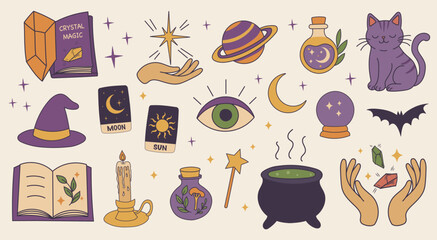 Set of mystical witchcraft elements. Esoteric symbols for occult design spiritual illustrations.