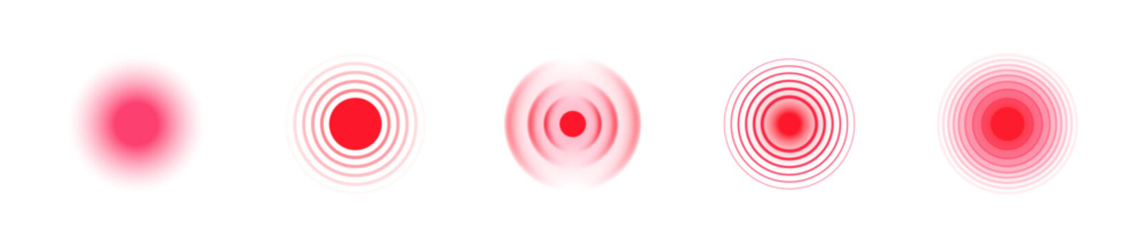 Set of pain circles. Red pain circles. Pain place, localization sign and pain spots. Pain localization sign and pain pointings. Red concentric circles