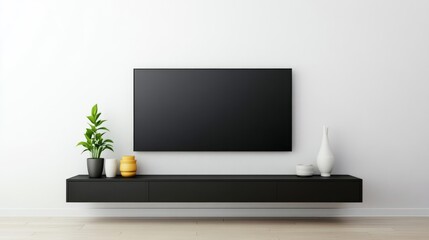 Minimalist Living Room Black TV Stand, Vases and Wall-Mounted TV, home decor , interior design
