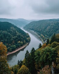 Autumn River Valley Scenery With Winding River