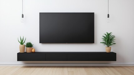 Minimalist Living Room Black TV, Console and Potted Plants, Home Decor , Interior Design