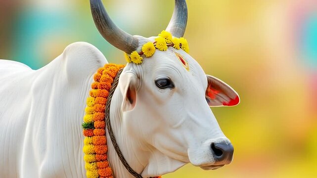 Majestic White Bull Adorned with Floral Garlands and Bright Tika in a Festive Setting with Blurred Colorful Background, Emphasizing Tradition and Culture