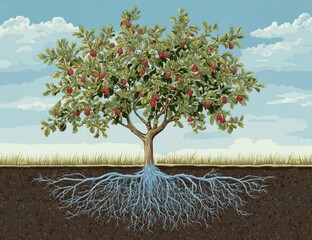 Apple tree with roots