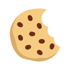 Bitten chocolate chip cookie icon. Delicious biscuit in flat style. Dessert bite with crumbs and chocolate sweetness. Cookie symbol. Simple vector illustration isolated on white background.