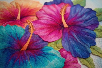 Closeup Colorful Hibiscus Embroidery