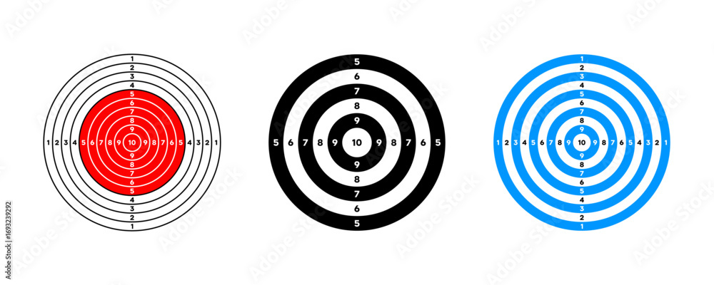 Poster target for shooting with numbers vector collection. bullseye aim symbol set.