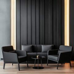 Minimalist Lounge Dark Armchairs, Sofa and Wood Wall with Ambient Lighting , interior, furniture