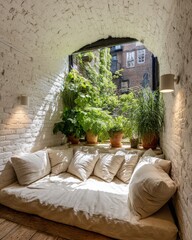 Cozy Window Seat with Plants and City View