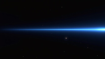 Blue light beam extends horizontally through dark starry space background.  
