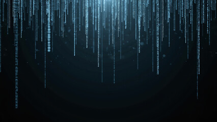Blue binary code cascades vertically on dark digital background.  
