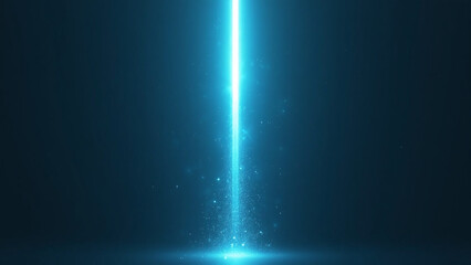 Vertical blue light beam glows through dark misty background.  
