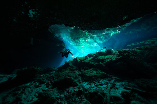 Cave Diver in Nicte Ha Cenote in the Yucatan Peninsula, Mexico