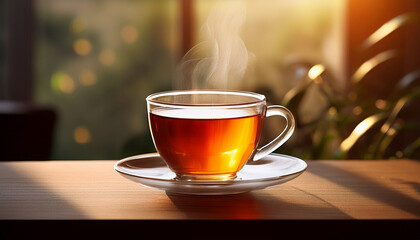 Fototapeta premium Steaming Cup Of Tea In Clear Glass Placed On Saucer Light And Airy Feel