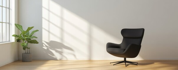 Minimalist Room Scene Black Swivel Chair, Fiddle Leaf Fig, Sunlight , interior , furniture
