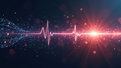 Pink ECG waveform glows with flare on dark cosmic background.  
