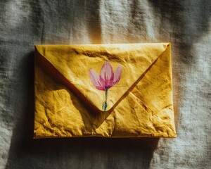 Yellow Envelope With Pink Flower Design