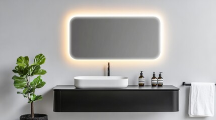 Modern Bathroom Design Illuminated Mirror, Dark Vanity and Plant Decor ,Bathroom, Interior
