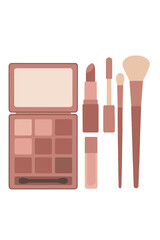 A rose-colored makeup set featuring an eyeshadow palette, lip products, and brushes