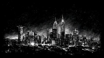Fototapeta premium Cityscape nighttime drawing