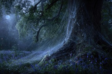 Glowing Night Forest With Blue Flowers